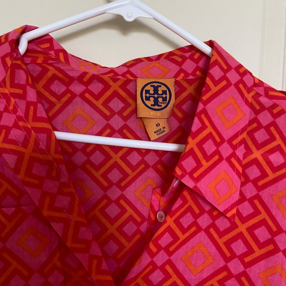 Tory Burch Pink and Red Geometric Long-Sleeve Blouse - Picture 2 of 5